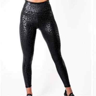 IVL Collective Size 4 Chi Chi Active Shiny Black Leopard Faux Leather Leggings